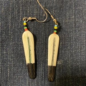 Bone feather carve earrings native beads Aztec